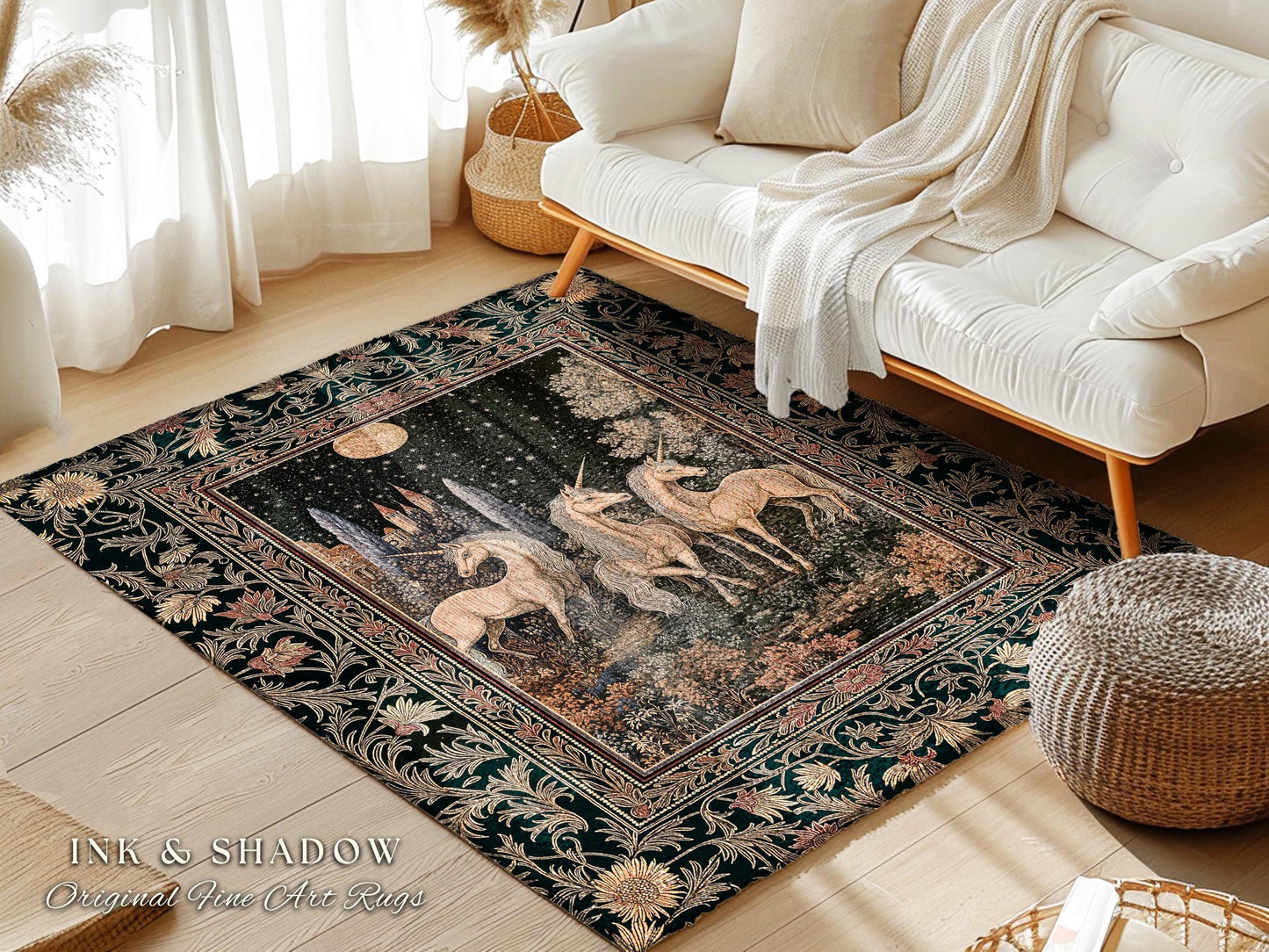 Medieval Ethereal Unicorn Area Rug | Goblincore Aesthetic Accent Rug Ornate Vintage Gothic Baroque Florals Magical Wonders Bedroom Carpet |