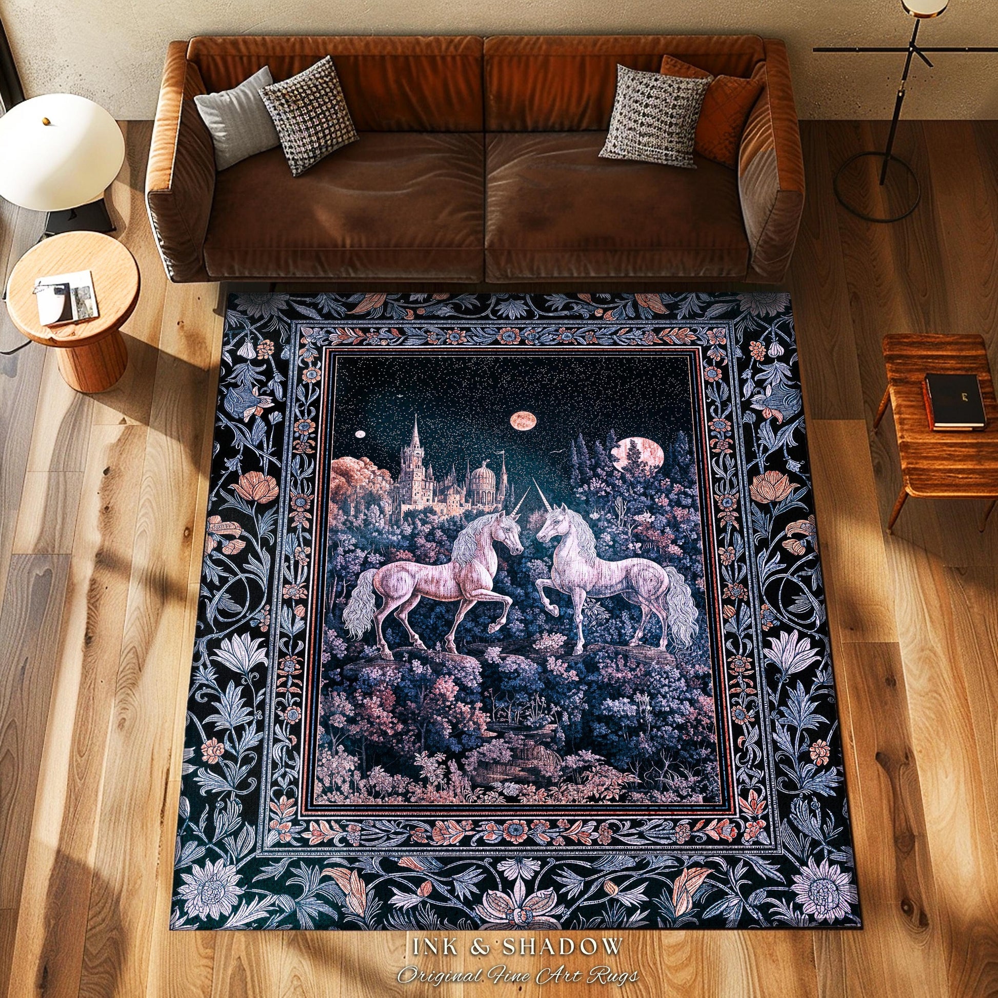 Moody Moonlit Unicorn Accent Rug | Elegant Medieval Florals Lavender Purple Whimsical Folklore Woven Tapestry Blanket Fairytale Area Rug |