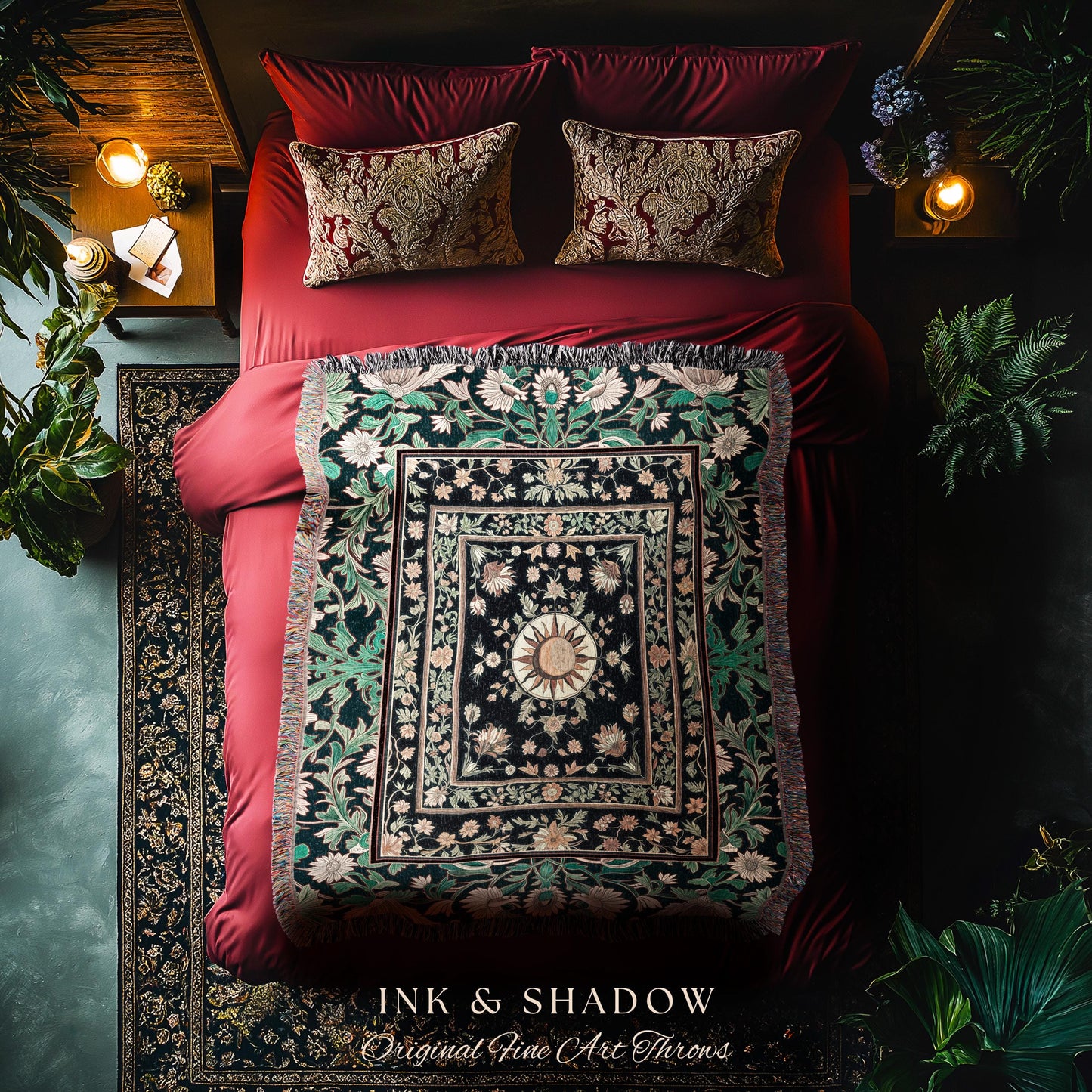 Witchy Sun Dark Academia Throw | Bohemian Rustic Whimsical Gothic Maximalist Bedroom Woven Tapestry Whimsical Celestial Astrology Aesthetic