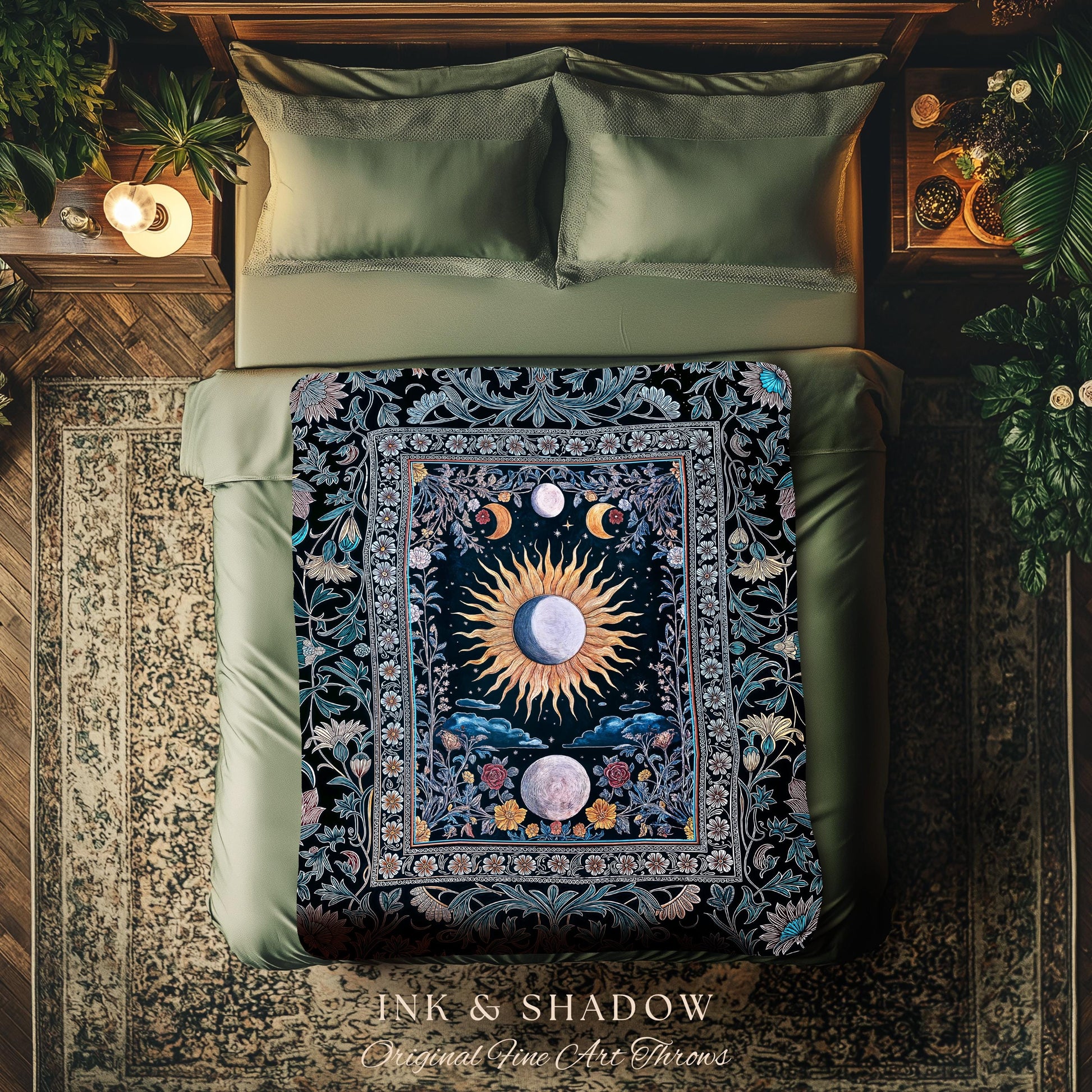 Whimsigothic Eclectic Moon Blanket | Celestial Boho Mystic Tarot-Inspired Woven Tapestry Astrology Decor Witchy Maximalist Floral Aesthetic