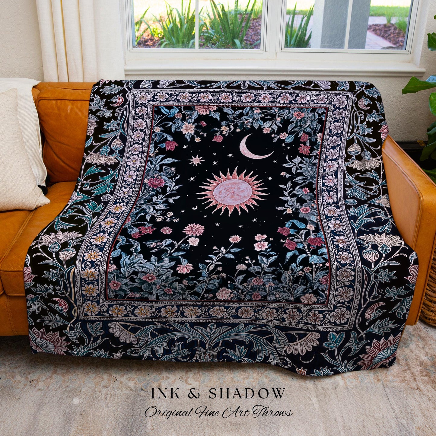 Midnight Lavender Celestial Throw | Witchy Pastel Tarot-Inspired Blanket Bohemian Sun and Moon Maximalist Astrology Purple Woven Tapestry