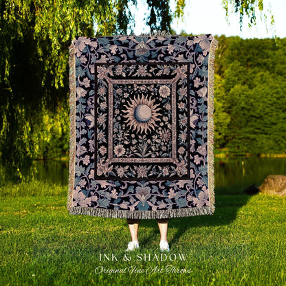 Pastel Whimsy Celestial Throw Blanket | Mystic Bohemian Celestial Witchy Decor Maximalist Gothic Sun and Moon Tarot Inspired Tapestry Woven