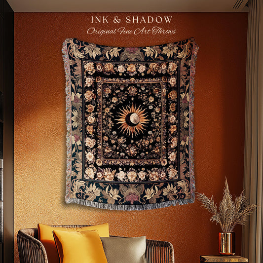 Cosmic Elegance Celestial Wall Tapestry | Dark Cottagecore Moon & Sun Ethereal Woven Throw Blanket Divine Aesthetic Witchy Bohemian Eclectic