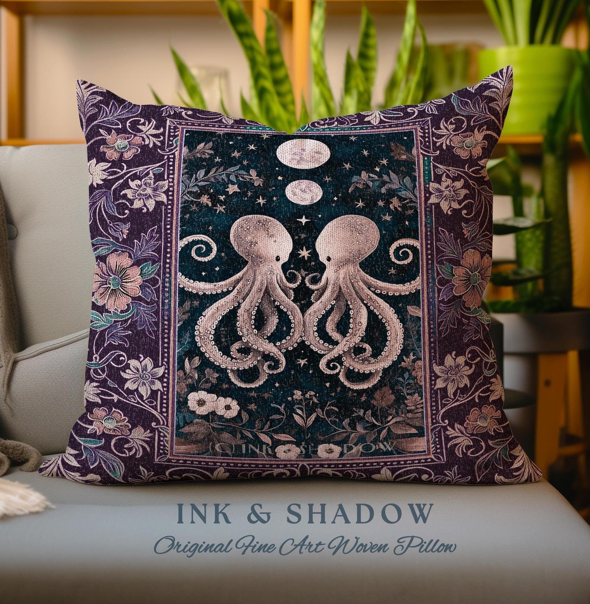 Lunar Magic Whimsical Octopus Pillow | Midnight Purple Dark Academia Nautical Celestial Goblincore Oceanic Mystery Victorian Woven Cushion |