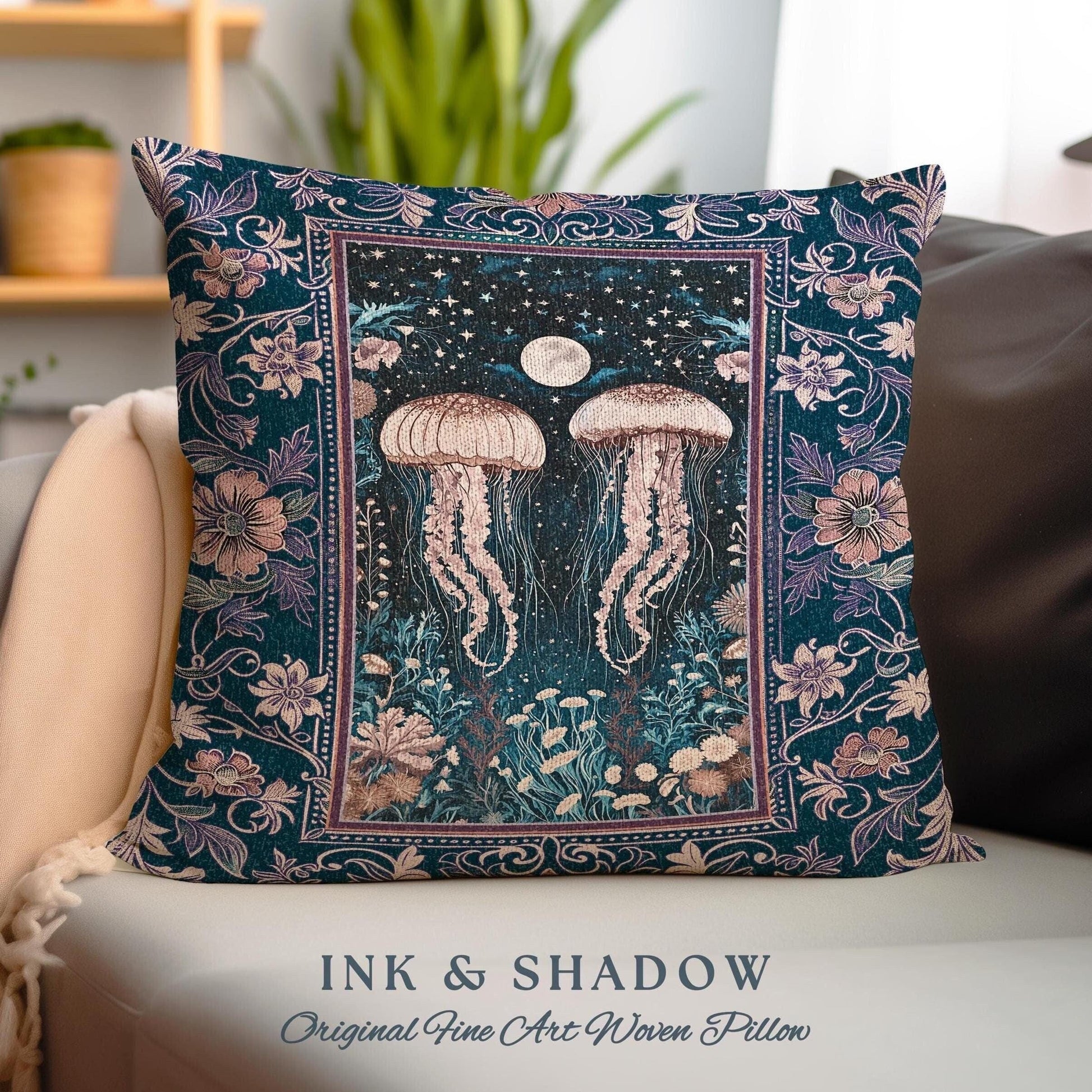 Victorian Gothic Jellyfish Underwater Sea Scene Pillow Celestial Costal Cottagecore Enchanted Whimsigothic Purple Floral Woven Cushion |