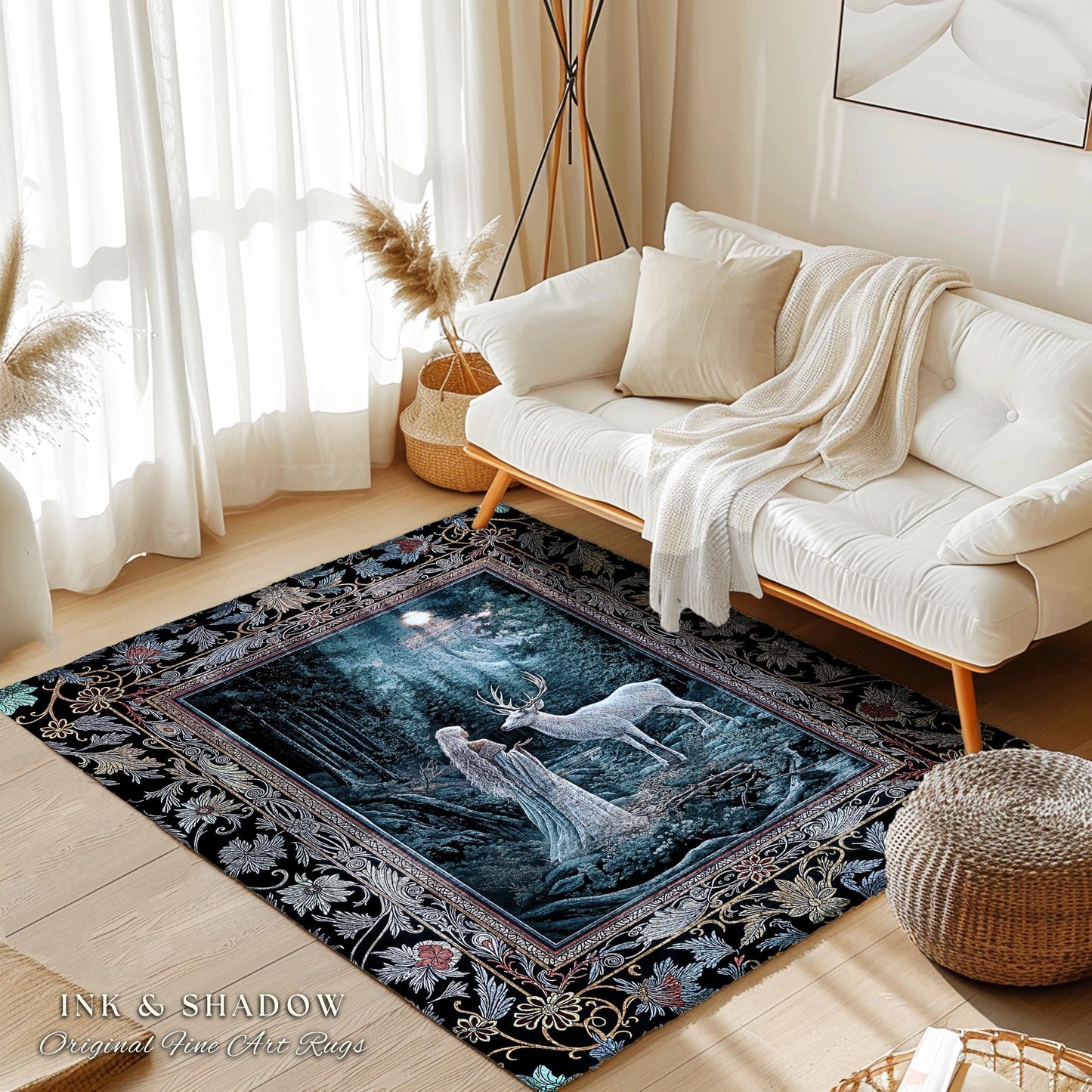 Midnight Magic Moonlit Fantasy Rug | Forest Goddess Spirit Animal Fairycore Ethereal Accent Rug Folklore Inspired Nature Area Rug Whimsigoth