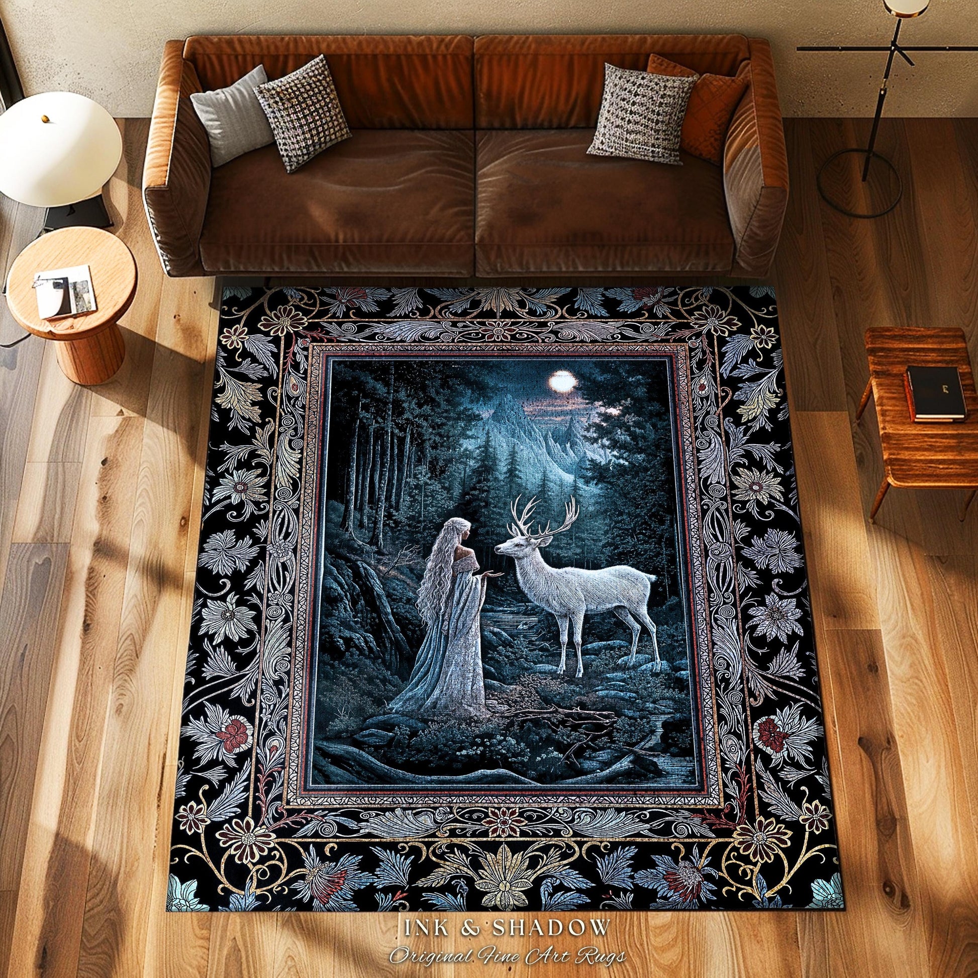 Midnight Magic Moonlit Fantasy Rug | Forest Goddess Spirit Animal Fairycore Ethereal Accent Rug Folklore Inspired Nature Area Rug Whimsigoth