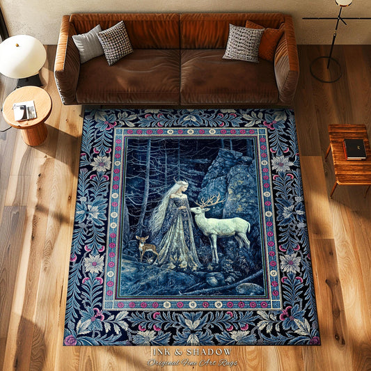 Spirit Animals Ethereal Goddess Rug | Storybook Aesthetic Magical Forest Nymph Fantasy Accent Rug Dark Victorian Woodland Floor Mystic Deer