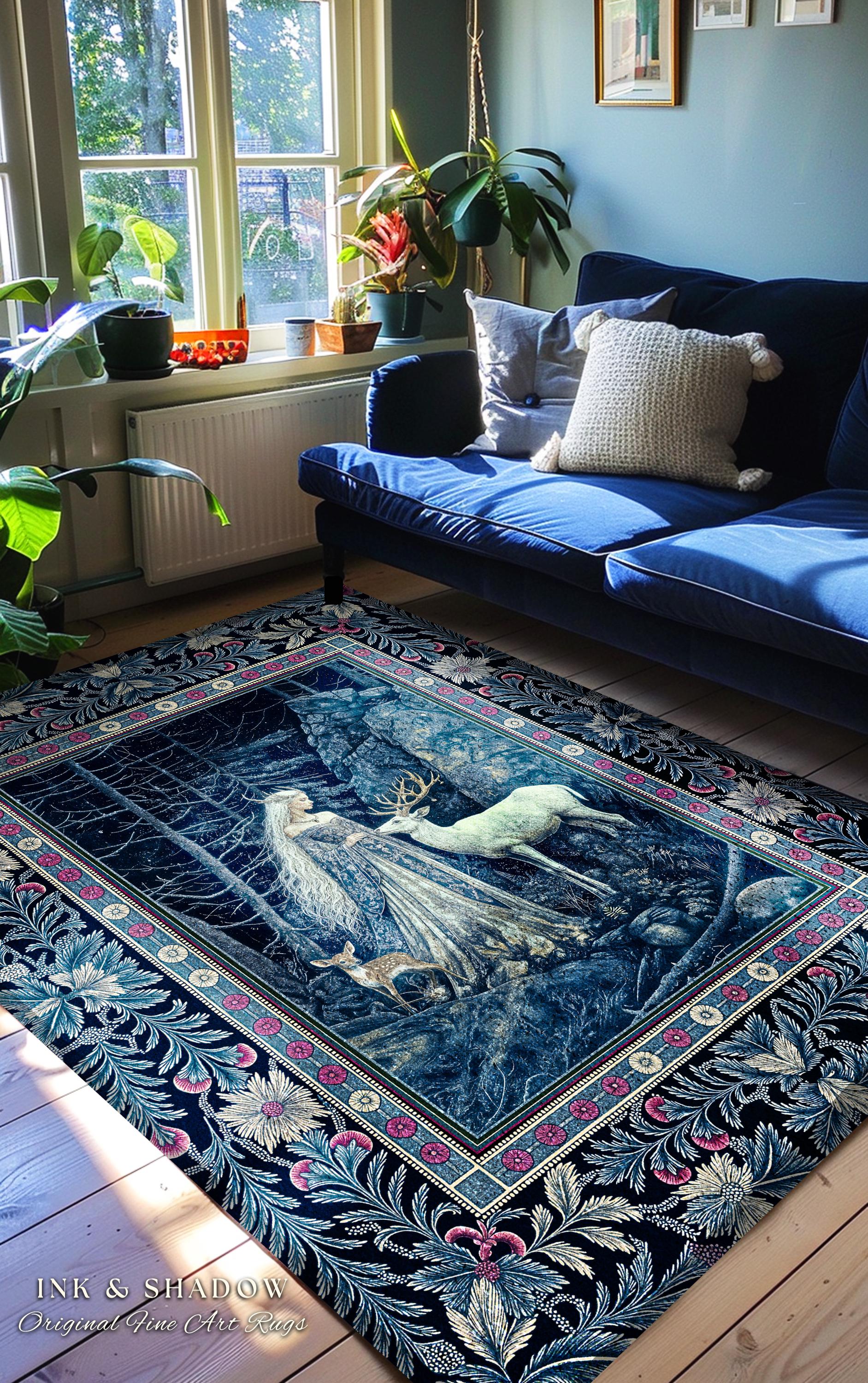 Spirit Animals Ethereal Goddess Rug | Storybook Aesthetic Magical Forest Nymph Fantasy Accent Rug Dark Victorian Woodland Floor Mystic Deer