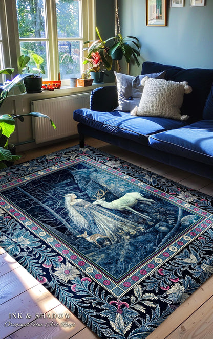 Spirit Animals Ethereal Goddess Rug | Storybook Aesthetic Magical Forest Nymph Fantasy Accent Rug Dark Victorian Woodland Floor Mystic Deer