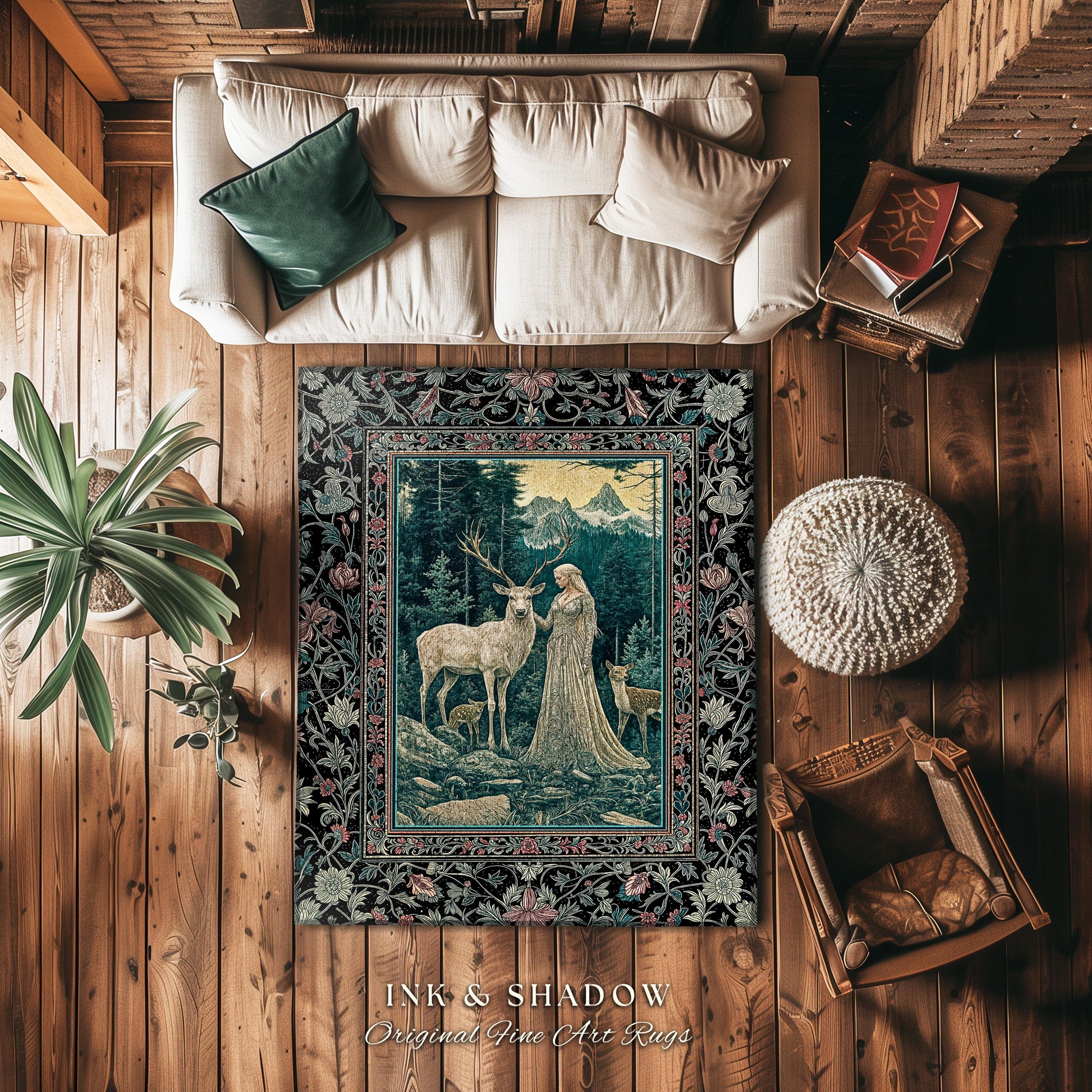 Twilight Forest Spirits Area Rug | Mythic Woodland Fairycore Accent Rug Royal Gothic Renaissance Folklore Landscape Woven Victorian Decor |