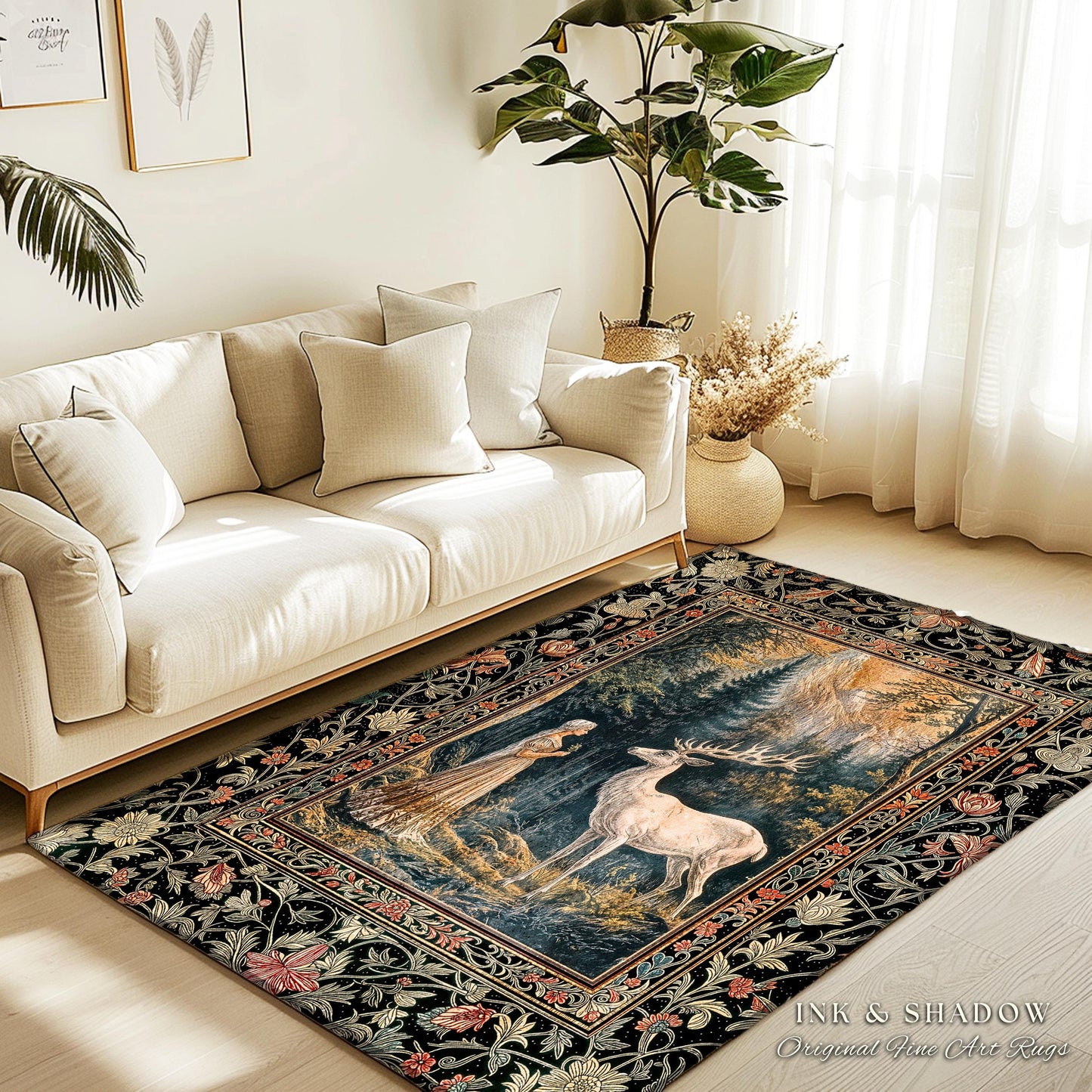 Mythic Landscape Gothic Forest Rug | Woodland Goddess Mystic Deer Area Rug Forest Nymph Fairycore Home Accent Magical Deer Botanical Scene |