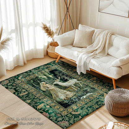 Botanical Folklore Ethereal Area Rug | Forest Elegance Mother Earth Rug Fantasy Decor Dark Green Bedroom Accent Dark Fairycore Romantic Art