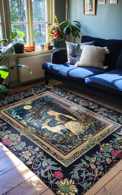 Moonlit Fairytale Mystic Area Rug | Woodland Gothic Forest Green Nature Goddess Home Accent Rug Folklore Botanical Fantasy Renaissance Style