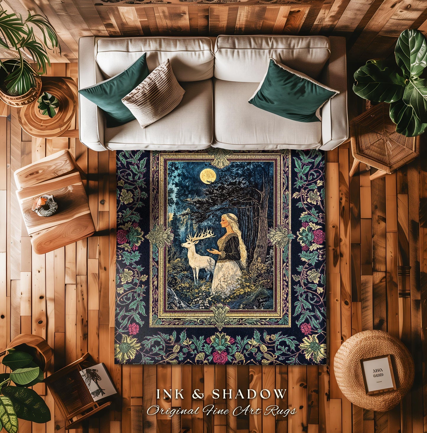 Moonlit Fairytale Mystic Area Rug | Woodland Gothic Forest Green Nature Goddess Home Accent Rug Folklore Botanical Fantasy Renaissance Style