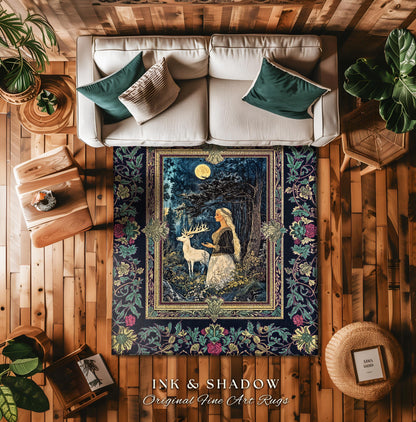 Moonlit Fairytale Mystic Area Rug | Woodland Gothic Forest Green Nature Goddess Home Accent Rug Folklore Botanical Fantasy Renaissance Style