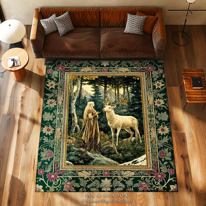 Emerald Forest Spirits Area Rug | Botanical Elegance Woodland Spirits Dark Green Accent Goth Fairycore Romantic Aesthetic Gothic Deer Rug