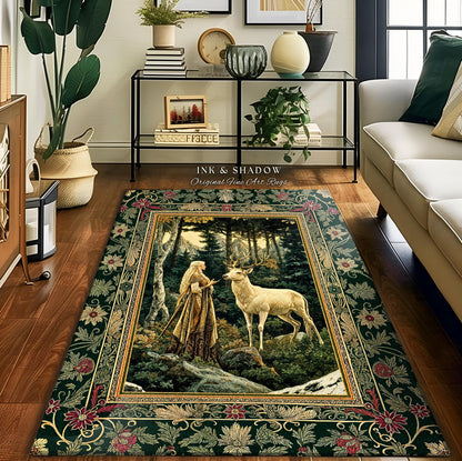 Emerald Forest Spirits Area Rug | Botanical Elegance Woodland Spirits Dark Green Accent Goth Fairycore Romantic Aesthetic Gothic Deer Rug