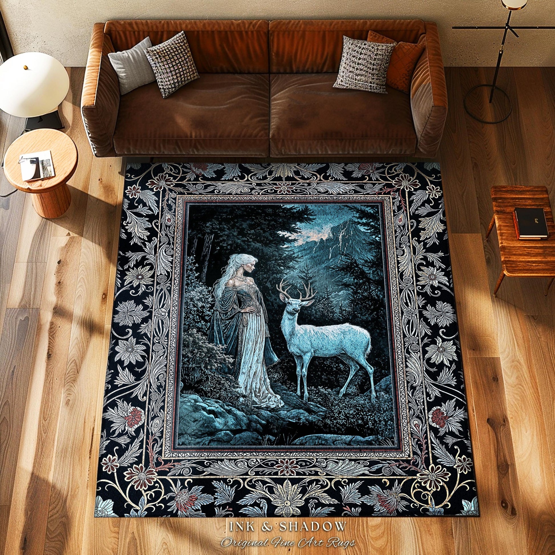 Dreamy Aesthetic Folklore Area Rug | Moody Landscape Dreamy Woodland Gothic Nature Spirit Botanical Area Rug Botanical Fantasy Moody Artwork
