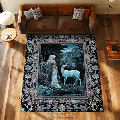 Dreamy Aesthetic Folklore Area Rug | Moody Landscape Dreamy Woodland Gothic Nature Spirit Botanical Area Rug Botanical Fantasy Moody Artwork