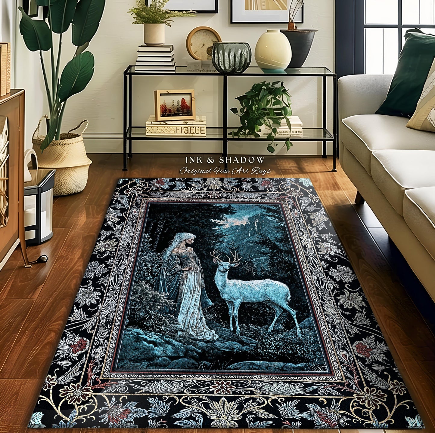 Dreamy Aesthetic Folklore Area Rug | Moody Landscape Dreamy Woodland Gothic Nature Spirit Botanical Area Rug Botanical Fantasy Moody Artwork