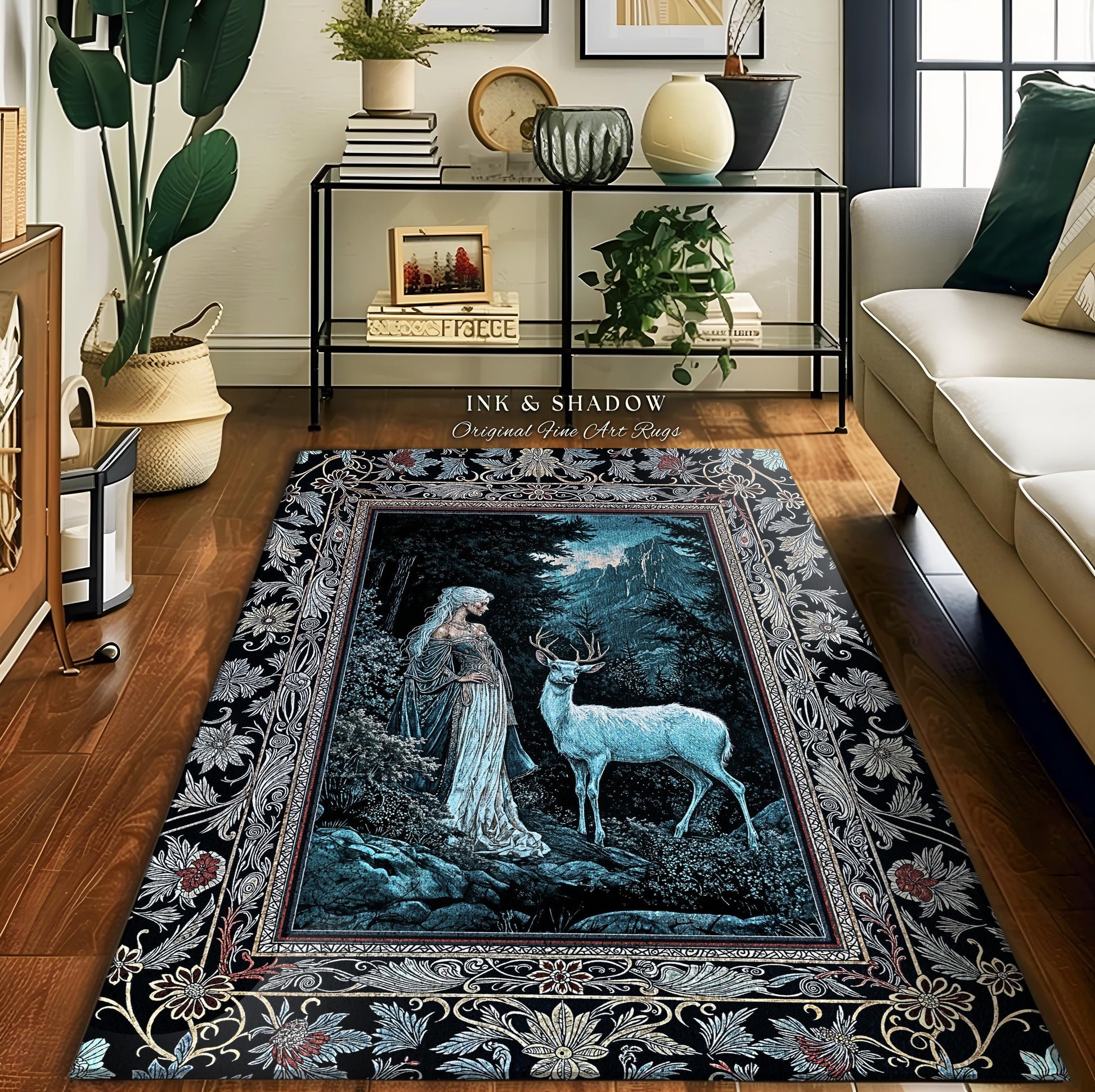 Dreamy Aesthetic Folklore Area Rug | Moody Landscape Dreamy Woodland Gothic Nature Spirit Botanical Area Rug Botanical Fantasy Moody Artwork