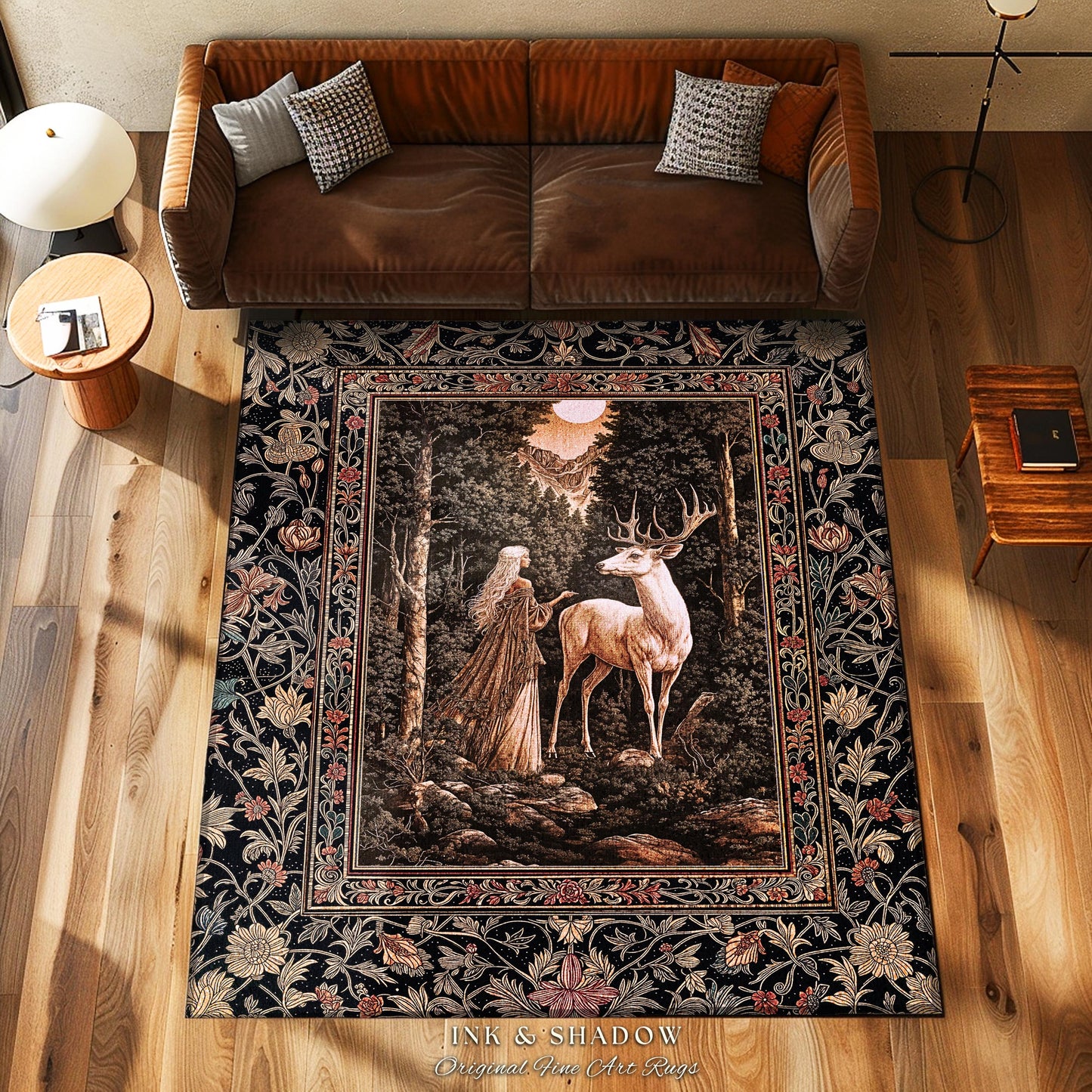 Gothic Woodland Fantasy Accent Rug | Folklore inspired Nature Landscape Area Rug Fantasy Aesthetic Victorian Dark Academia Deer Princess |