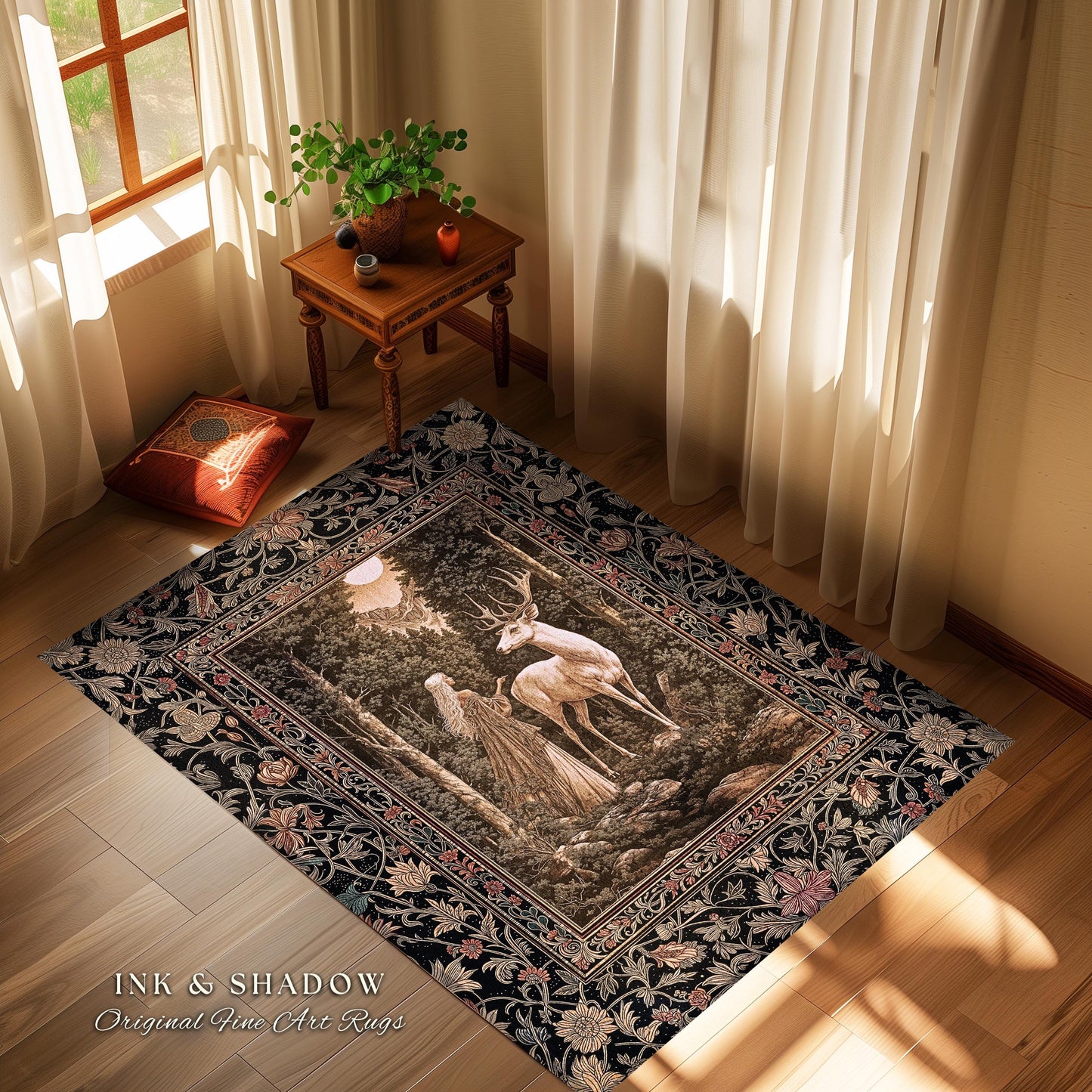 Gothic Woodland Fantasy Accent Rug | Folklore inspired Nature Landscape Area Rug Fantasy Aesthetic Victorian Dark Academia Deer Princess |