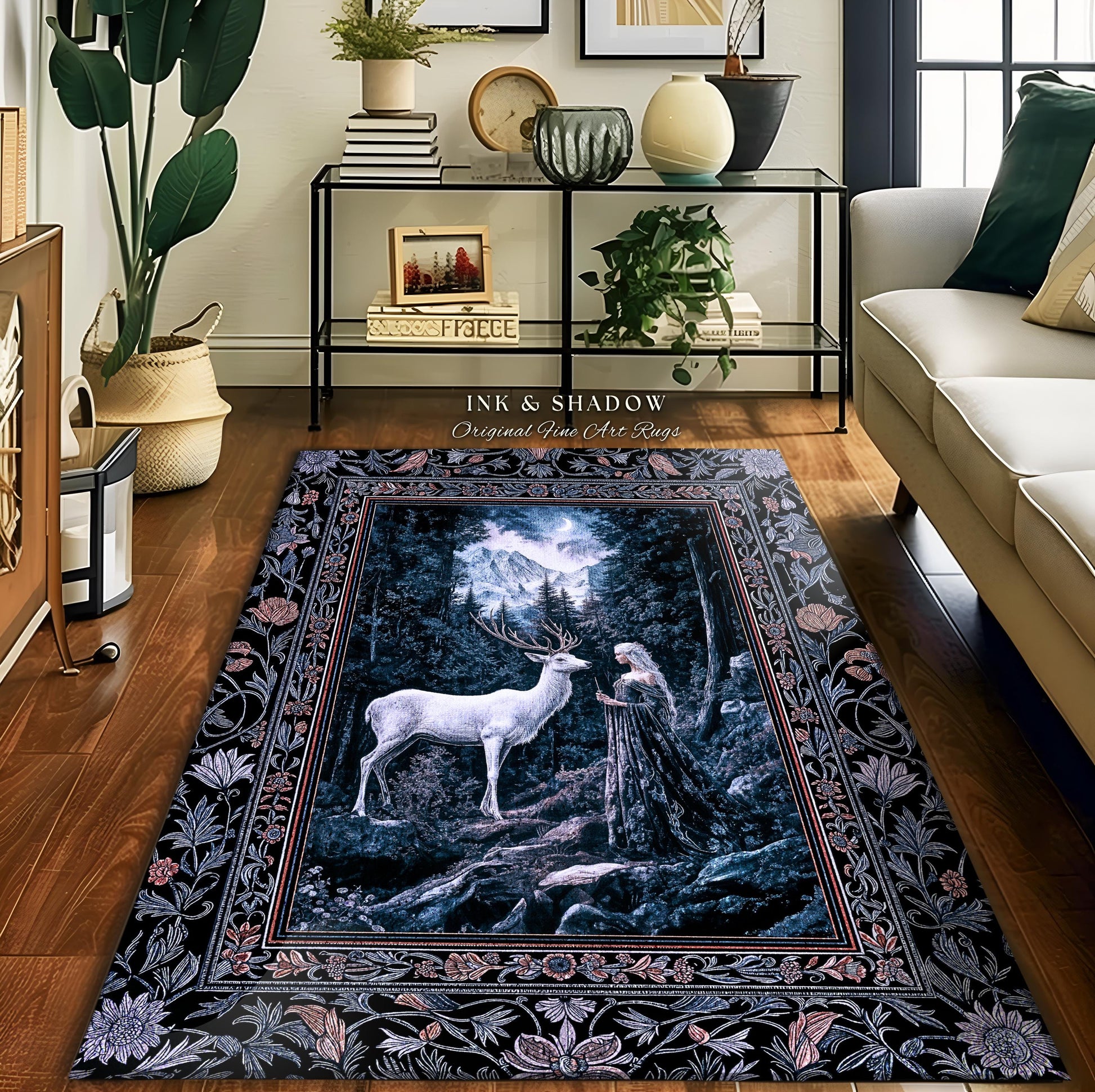 Goddess of the Woods Area Rug | Ethereal Forest Folklore Inspired Nature Accent Rug Botanical Cottagecore Medieval Deer Magic Romantic Decor