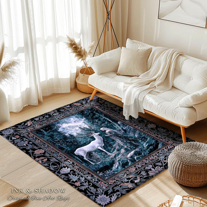 Goddess of the Woods Area Rug | Ethereal Forest Folklore Inspired Nature Accent Rug Botanical Cottagecore Medieval Deer Magic Romantic Decor