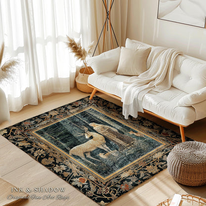 Dark Renaissance Woodland Rug | Elegant Fairycore Area Rug Mythic Landscape Gothic Forest Spirit Animal Enchanted Forest Nymph Home Accent |