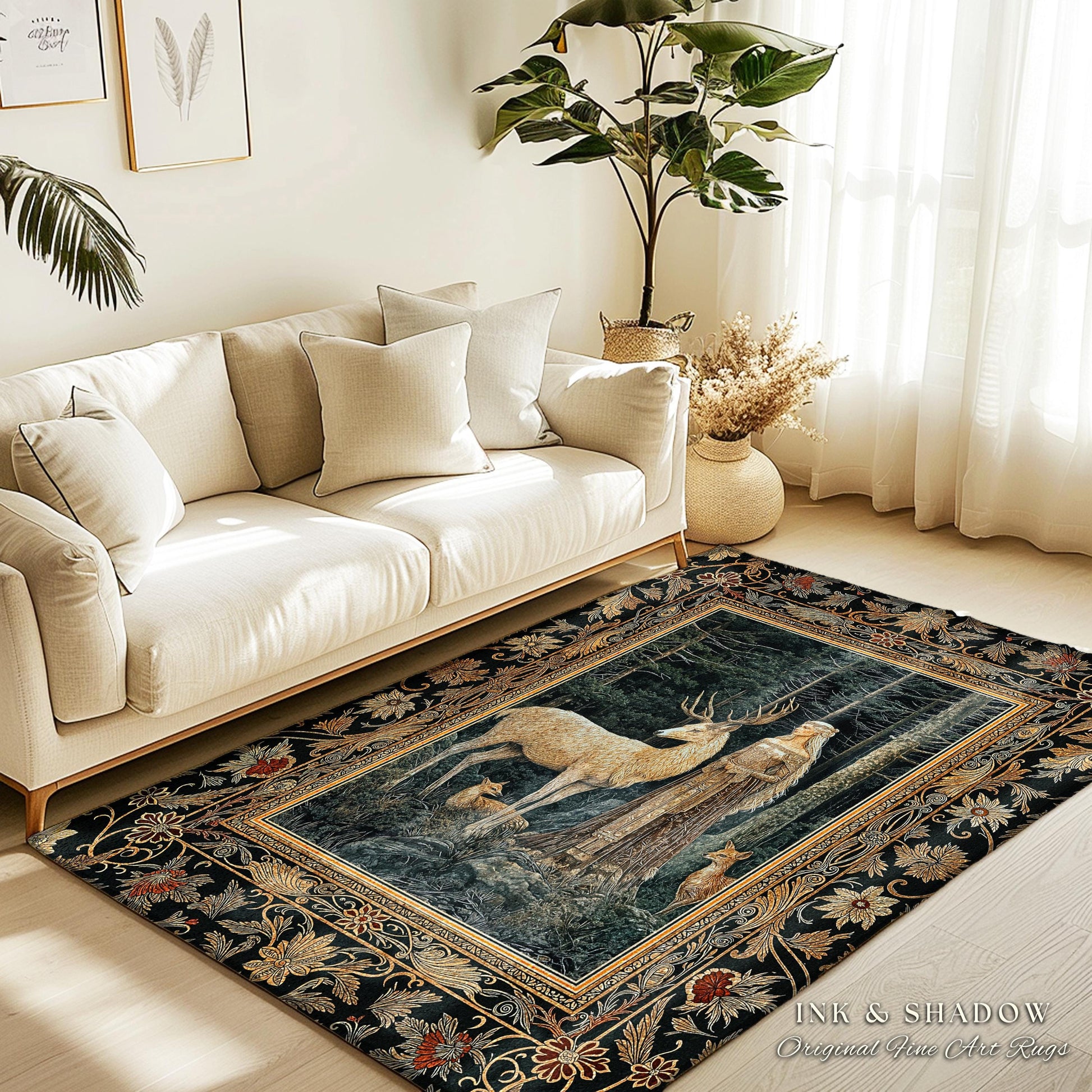 Dark Renaissance Woodland Rug | Elegant Fairycore Area Rug Mythic Landscape Gothic Forest Spirit Animal Enchanted Forest Nymph Home Accent |