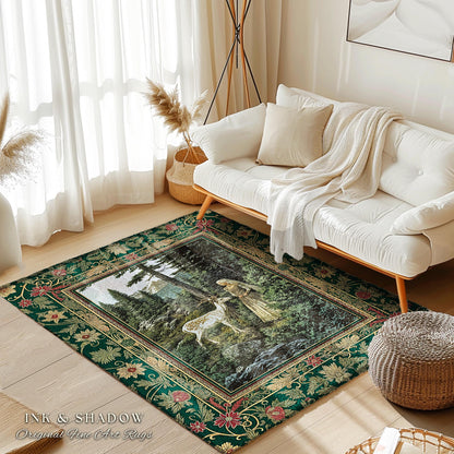 Fairytale Forest Fantasy Bedroom Rug | Woodland Whimsy Nymph Area Rug Emerald Green Dark Fairycore Romantic Victorian Gothic Home Accent |