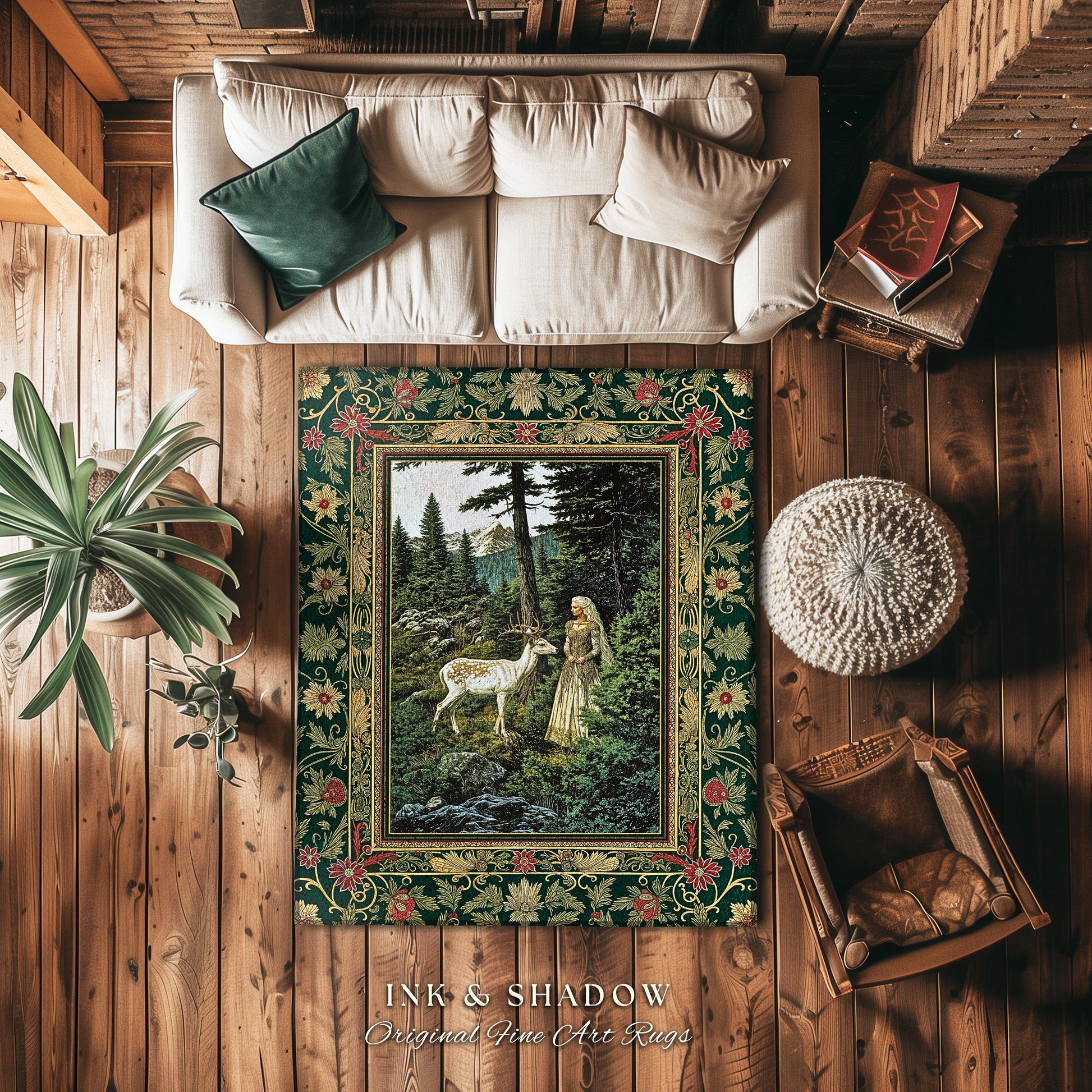 Fairytale Forest Fantasy Bedroom Rug | Woodland Whimsy Nymph Area Rug Emerald Green Dark Fairycore Romantic Victorian Gothic Home Accent |