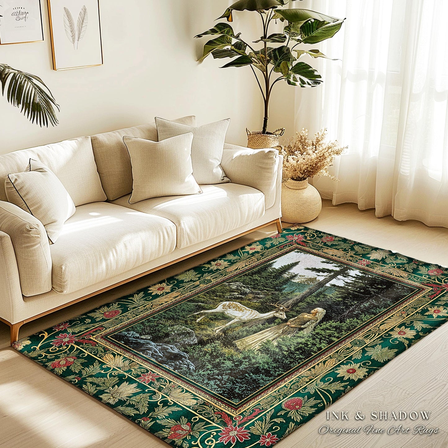 Fairytale Forest Fantasy Bedroom Rug | Woodland Whimsy Nymph Area Rug Emerald Green Dark Fairycore Romantic Victorian Gothic Home Accent |