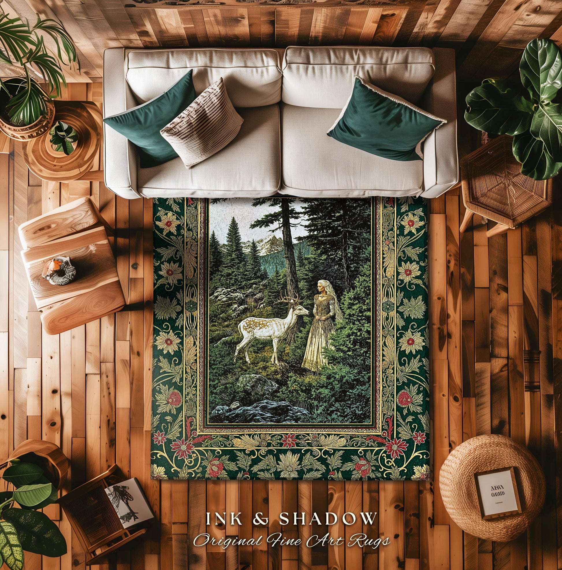 Fairytale Forest Fantasy Bedroom Rug | Woodland Whimsy Nymph Area Rug Emerald Green Dark Fairycore Romantic Victorian Gothic Home Accent |