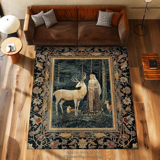 Dark Renaissance Woodland Rug | Elegant Fairycore Area Rug Mythic Landscape Gothic Forest Spirit Animal Enchanted Forest Nymph Home Accent |