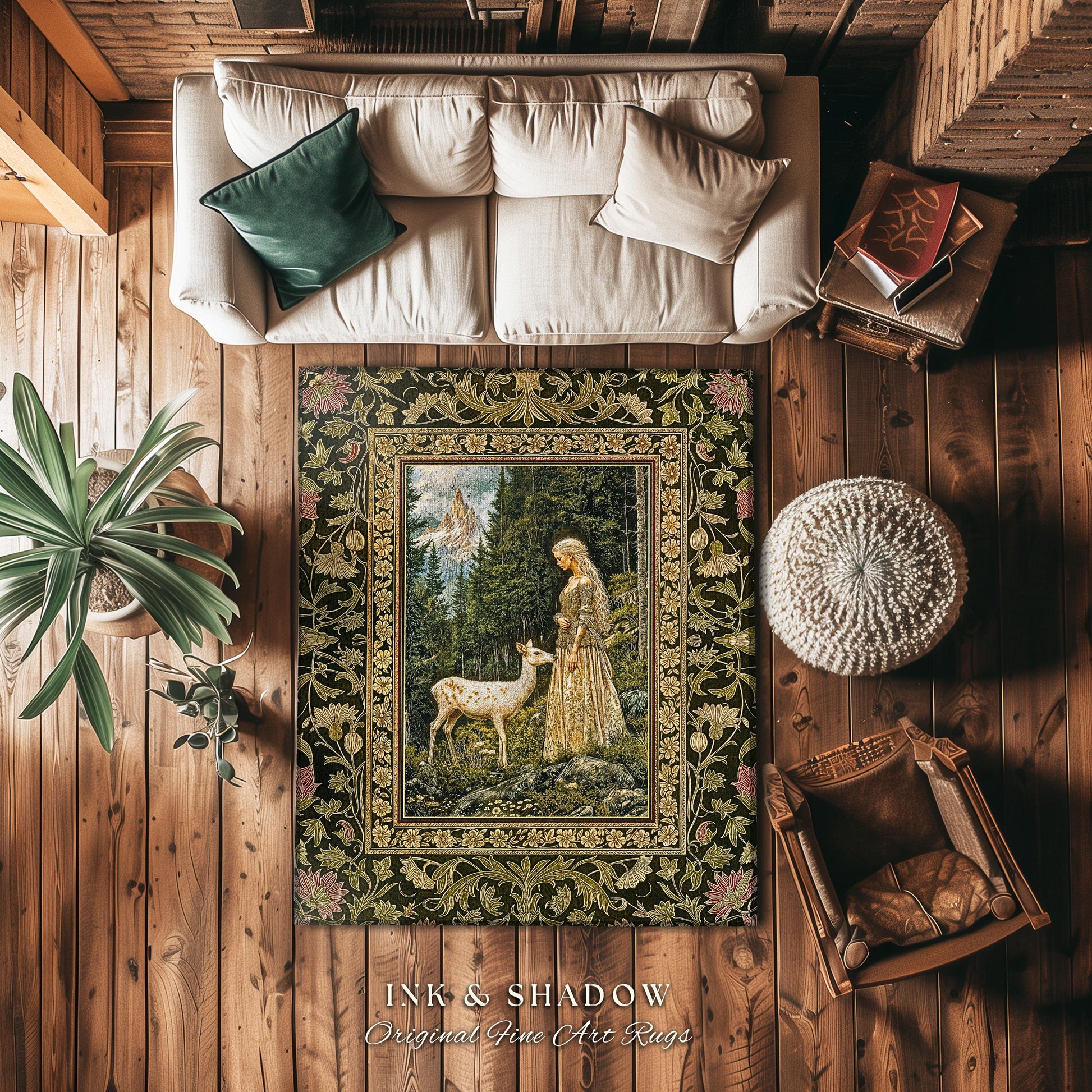 Whimsy Woodland Goddess Rug | Elegant Fairytale Accent Rug Victorian Botanical Princess Mystic Deer Forest Spirit Ethereal Bedroom Artwork |