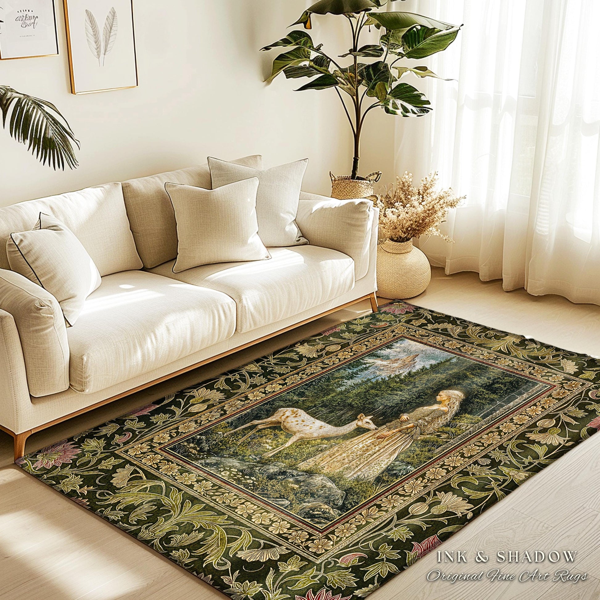 Whimsy Woodland Goddess Rug | Elegant Fairytale Accent Rug Victorian Botanical Princess Mystic Deer Forest Spirit Ethereal Bedroom Artwork |