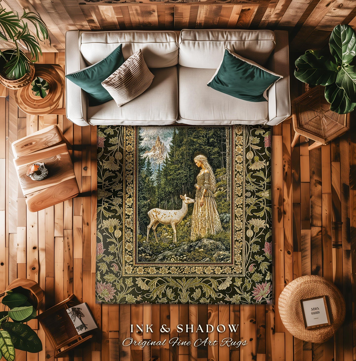 Whimsy Woodland Goddess Rug | Elegant Fairytale Accent Rug Victorian Botanical Princess Mystic Deer Forest Spirit Ethereal Bedroom Artwork |