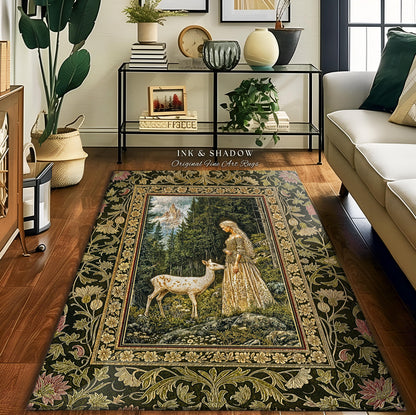 Whimsy Woodland Goddess Rug | Elegant Fairytale Accent Rug Victorian Botanical Princess Mystic Deer Forest Spirit Ethereal Bedroom Artwork |