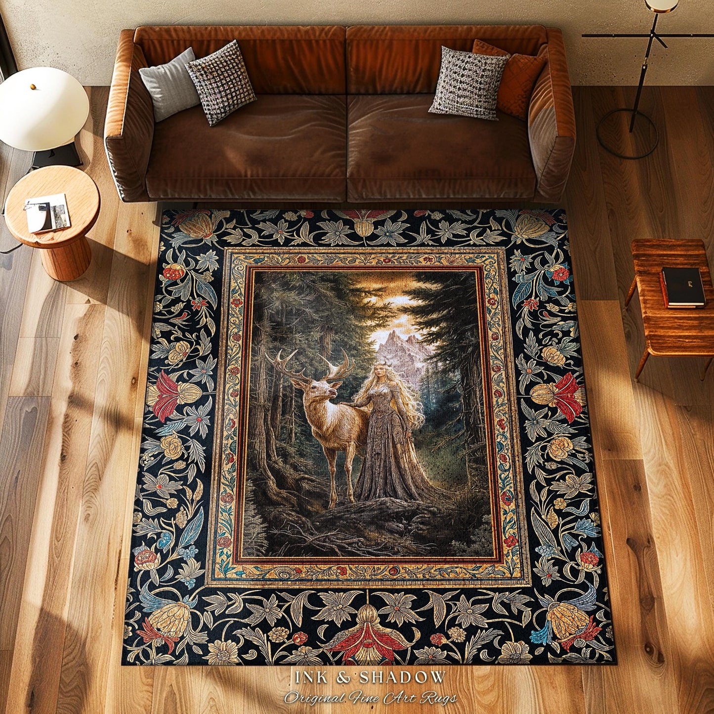 Enchanted Woods Fairytale Area Rug | Dark Cottagecore Whimsical Royal Gothic Folklore Inspired Woodland Magic Landscape Indoor Accent Rug |