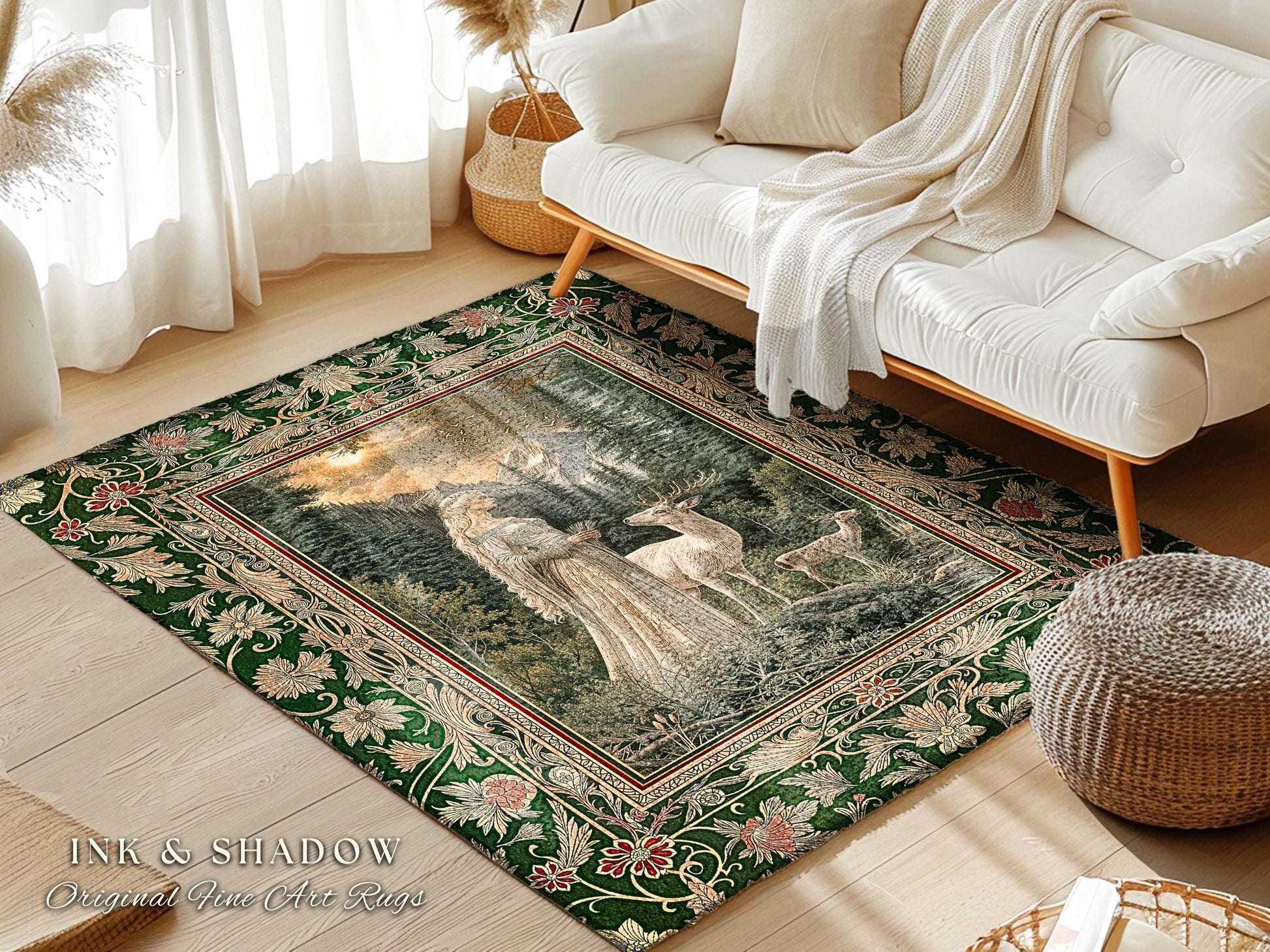 Enchanted Lands Medieval Area Rug | Gothic Landscape Fantasy Accent Rug Dark Fairycore Romantic Victorian Gothic Fairytale Ethereal Deer |