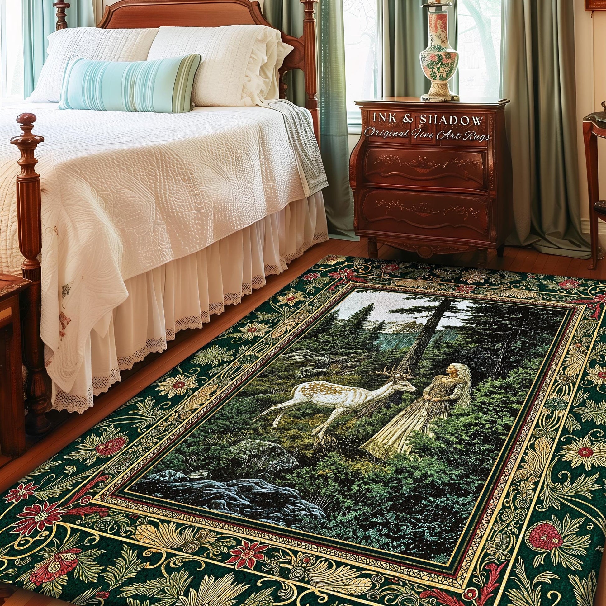 Fairytale Forest Fantasy Bedroom Rug | Woodland Whimsy Nymph Area Rug Emerald Green Dark Fairycore Romantic Victorian Gothic Home Accent |