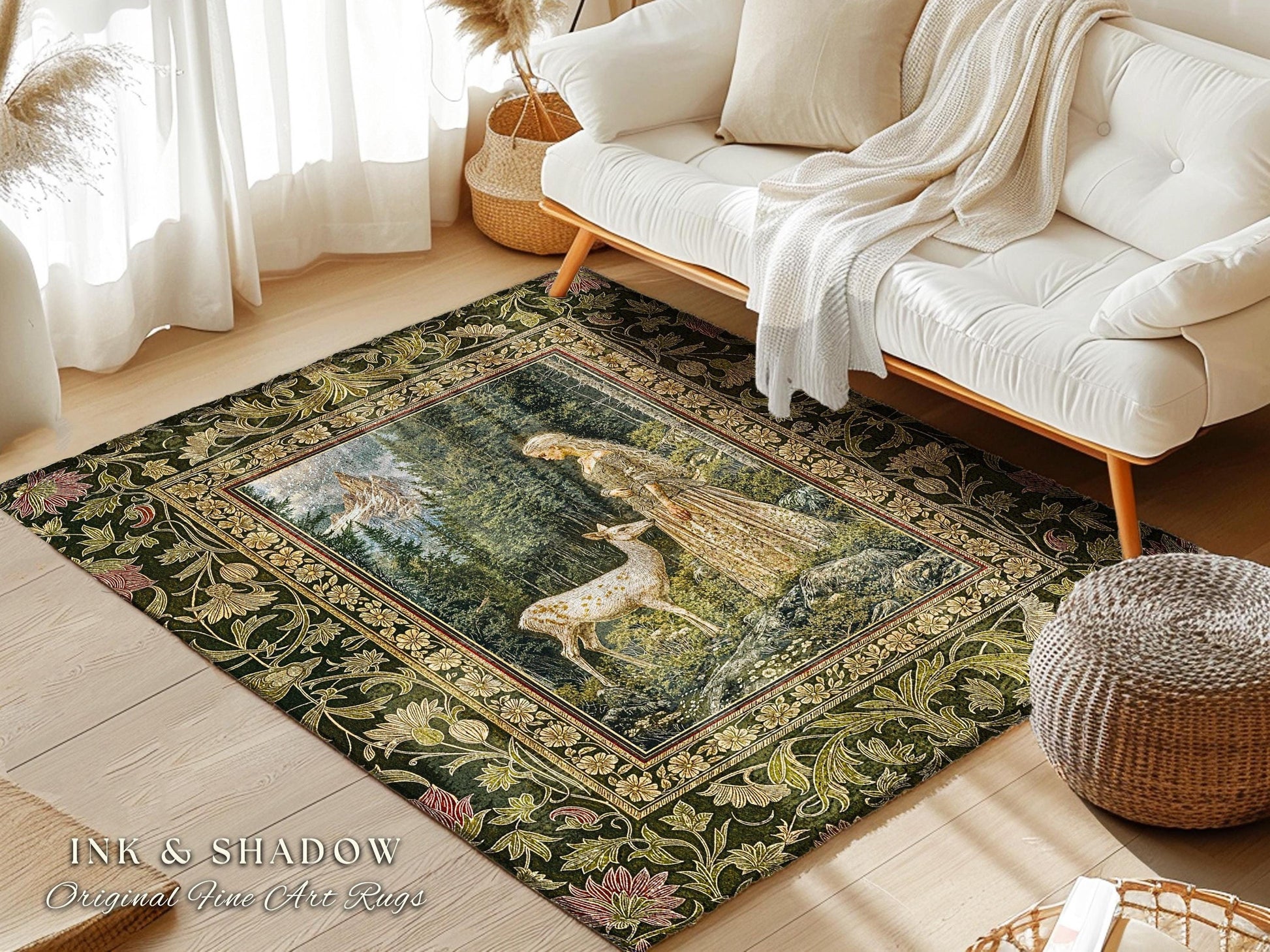 Whimsy Woodland Goddess Rug | Elegant Fairytale Accent Rug Victorian Botanical Princess Mystic Deer Forest Spirit Ethereal Bedroom Artwork |