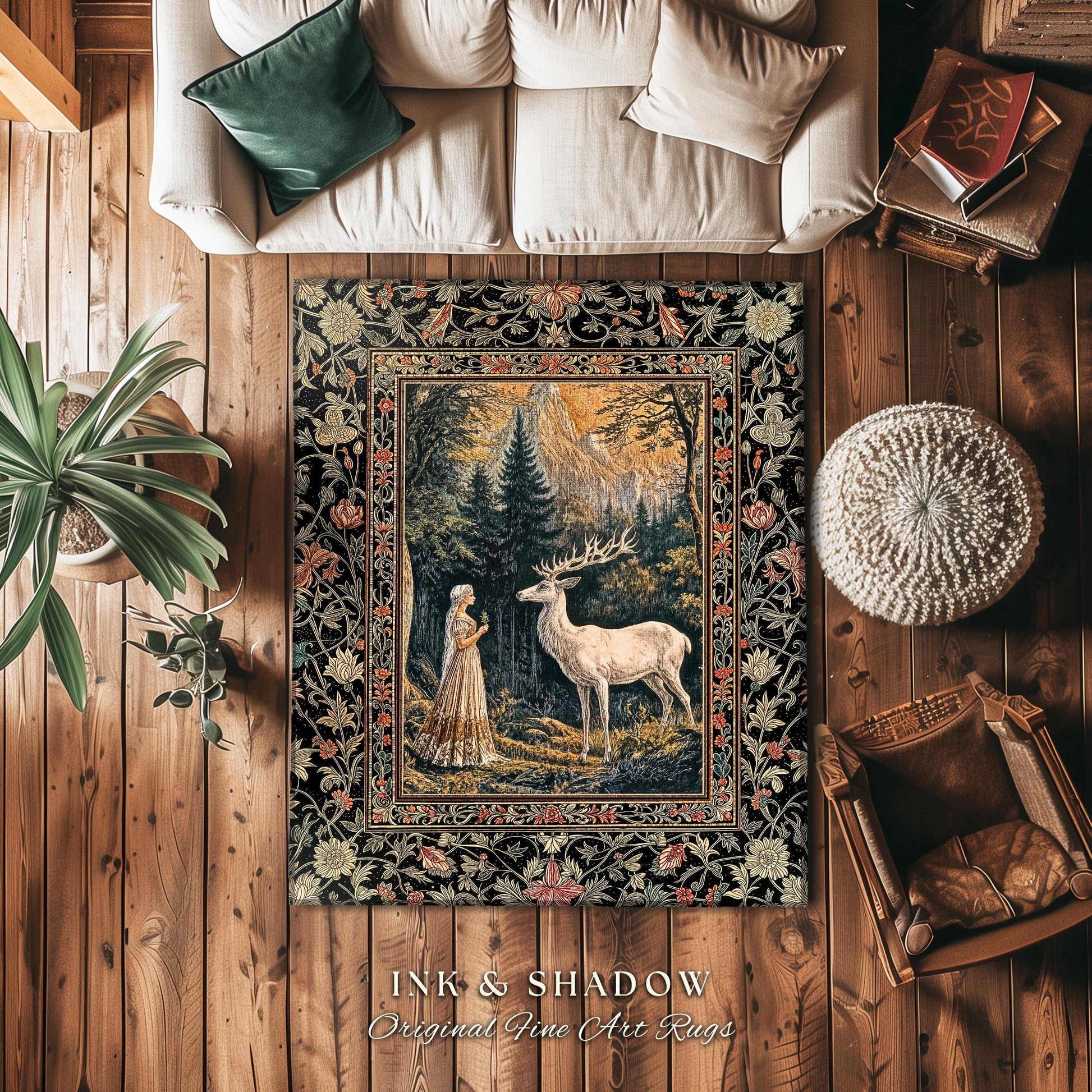 Mythic Landscape Gothic Forest Rug | Woodland Goddess Mystic Deer Area Rug Forest Nymph Fairycore Home Accent Magical Deer Botanical Scene |