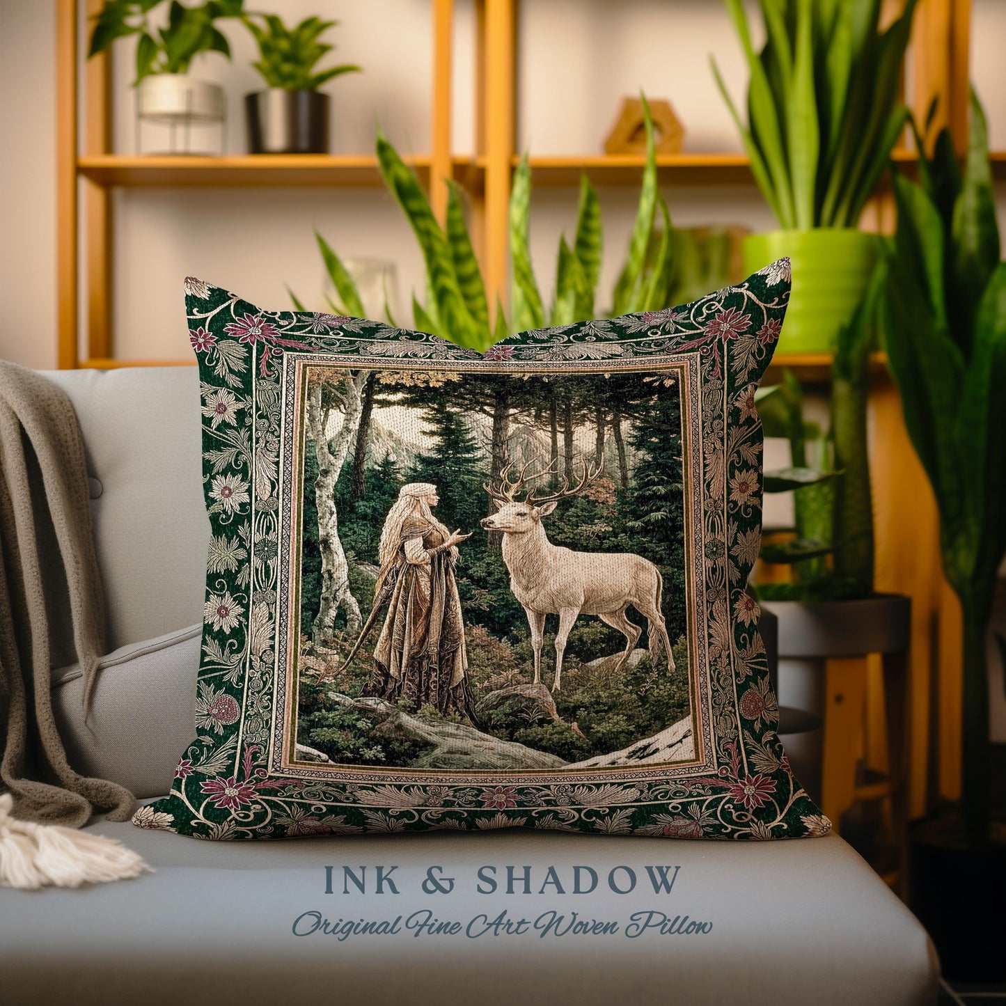 Emerald Forest Spirits Throw Pillow | Botanical Elegance Woodland Spirits Dark Green Cushion Goth Fairycore Romantic Aesthetic Gothic Deer