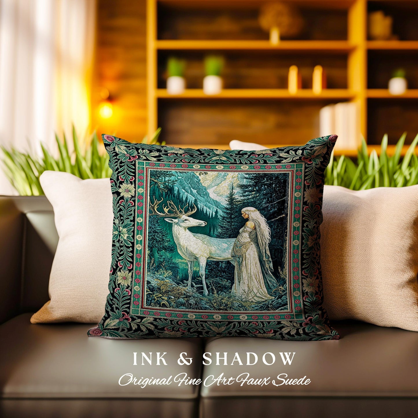 Magic Forest Princess Woven Throw Pillow | Fairytale Fantasy Renaissance Dark Academia Forest Ethereal Woodland Folklore Tapestry Cushion |