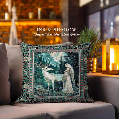 Magic Forest Princess Woven Throw Pillow | Fairytale Fantasy Renaissance Dark Academia Forest Ethereal Woodland Folklore Tapestry Cushion |