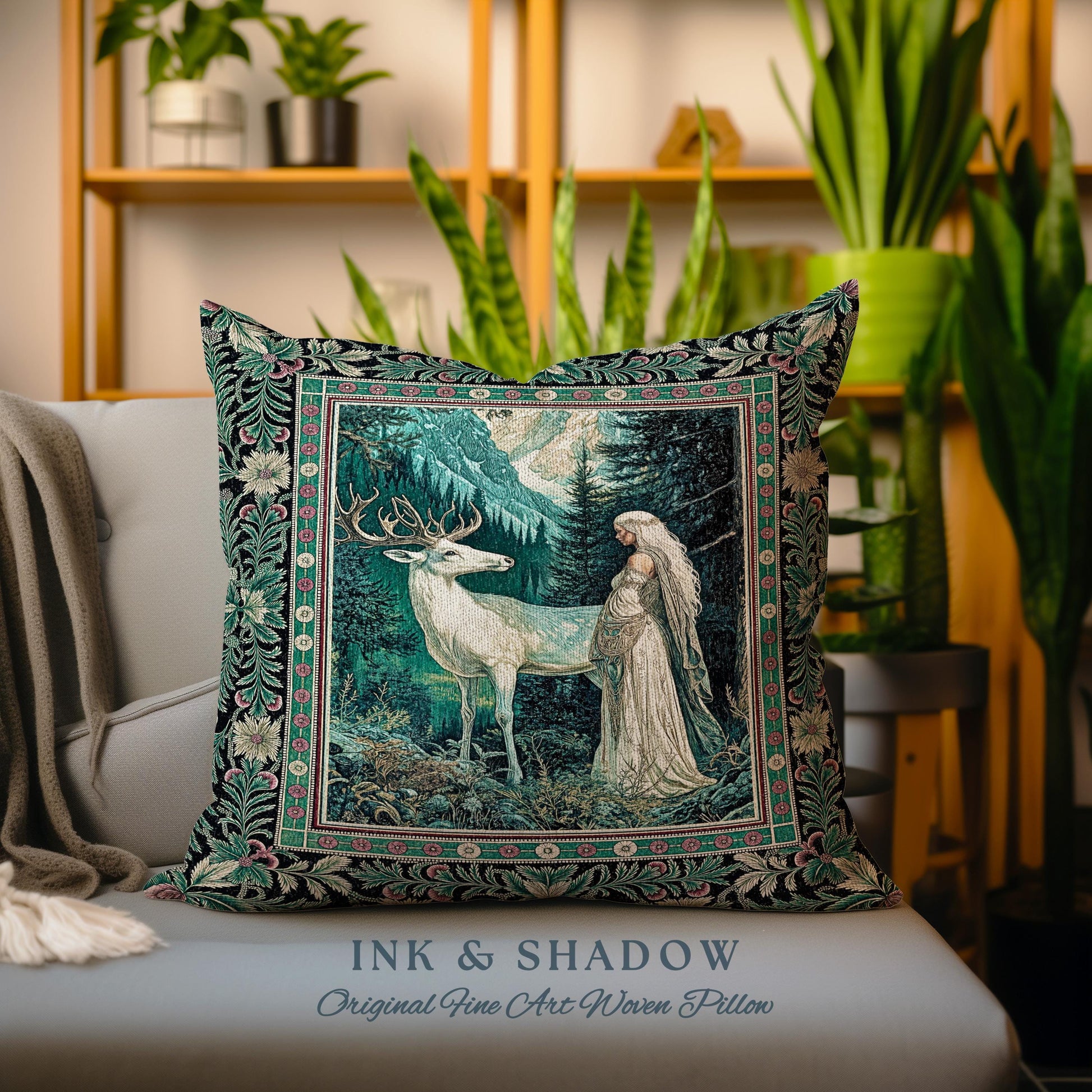 Magic Forest Princess Woven Throw Pillow | Fairytale Fantasy Renaissance Dark Academia Forest Ethereal Woodland Folklore Tapestry Cushion |